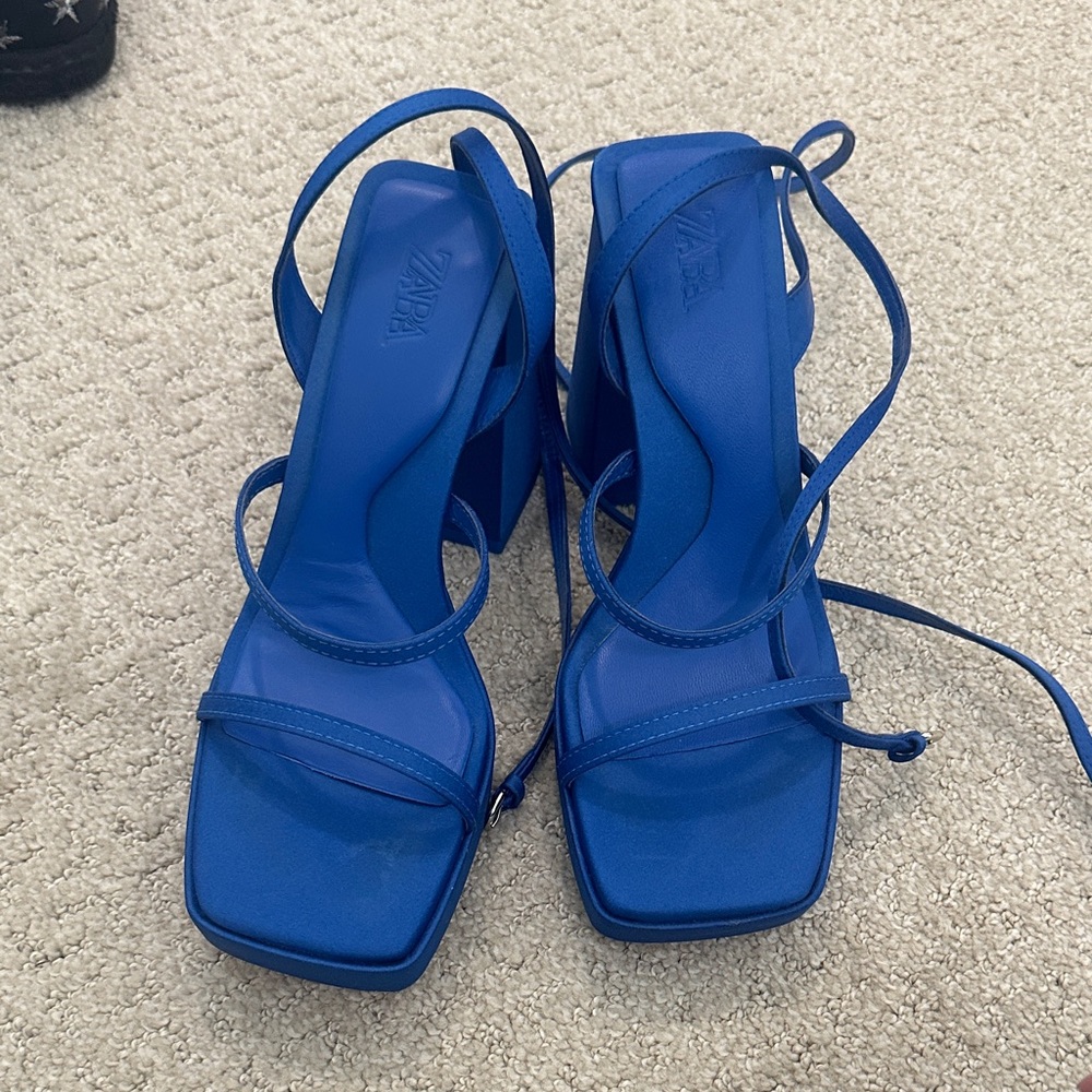 Zara Electric Blue Strappy Block Heel Sandals